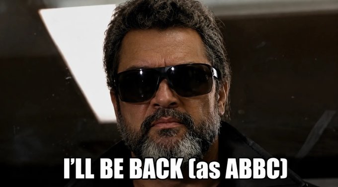 A meme image featuring a serious-looking man wearing sunglasses with the caption 'I'LL BE BACK (as ABBC)' referencing a cryptocurrency project.