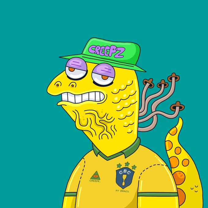 A cartoon illustration of a yellow reptilian creature with an elongated snout, wearing a green 'CREEPZ' cap and a yellow shirt featuring a 'CBC' crest with stars and 'MY BRAZIL' text, along with a 'CREEPZ' logo on the sleeve.