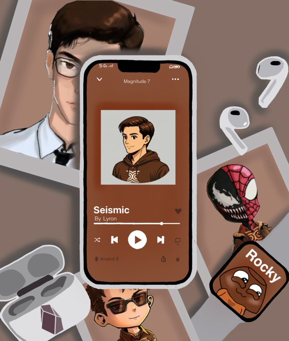 A digital collage featuring an illustration of a man with glasses, AirPods, and a phone screen playing a song called 'Seismic' by Lyron, alongside various stickers.