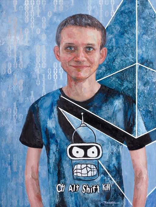 A painted portrait of Vitalik Buterin wearing a black t-shirt featuring the Reddit Snoo logo and the text 'Ctrl Alt Shift Kill', set against a blue background with binary code and geometric shapes.