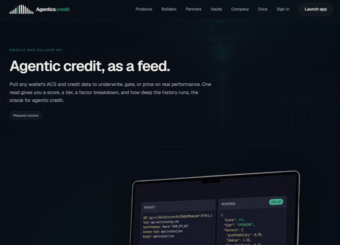 A website screenshot for 'Agentica credit' with the headline 'Agentic credit, as a feed' and navigation links including Products, Builders, Partners, Vaults, Company, Docs, and Sign in, plus a 'Launch app' button.