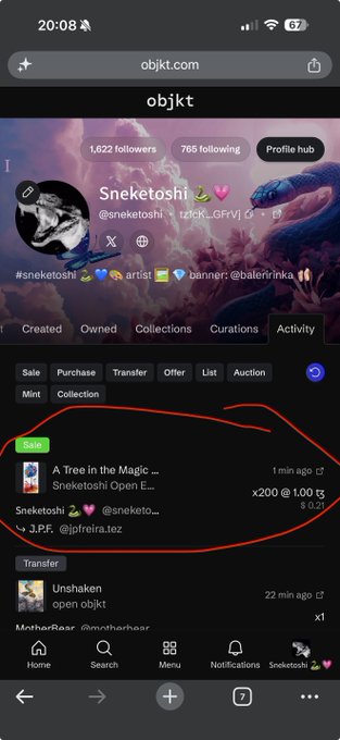 A screenshot of an Objkt.com profile page for user "Sneketoshi" (@sneketoshi__), showing 1,622 followers and 765 following, with a "Sale" entry circled in red displaying "A Tree in the Magic" sold for "x200 @ 1.00 tz" (200 editions at 1 Tezos each), directly illustrating the transaction referenced in the caption where 100 Tezos were gifted by @jpfreira.