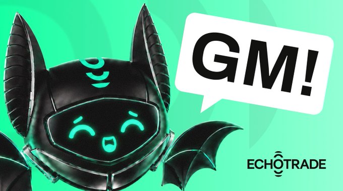 A cute black bat mascot with glowing green facial features cheerfully says "GM!" in a speech bubble against a bright green background, with the "ECHOTRADE" logo displayed in the corner. The friendly greeting complements the post's bullish update on RWA perps volume growth and tokenized stock trading, using the playful "GM" (good morning) crypto community greeting to kick off the exciting market news.