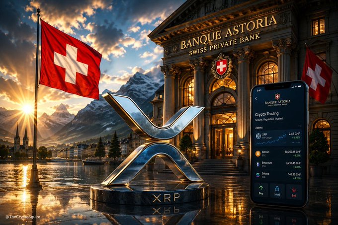 A metallic XRP logo stands prominently in front of Banque Astoria's Swiss private bank, with the bank's app interface on a smartphone displaying crypto trading for XRP ($2.45), Bitcoin, Ethereum, and Solana, flanked by Swiss flags against a mountain backdrop—visually reinforcing the announcement of Switzerland's traditional banking sector embracing digital assets.