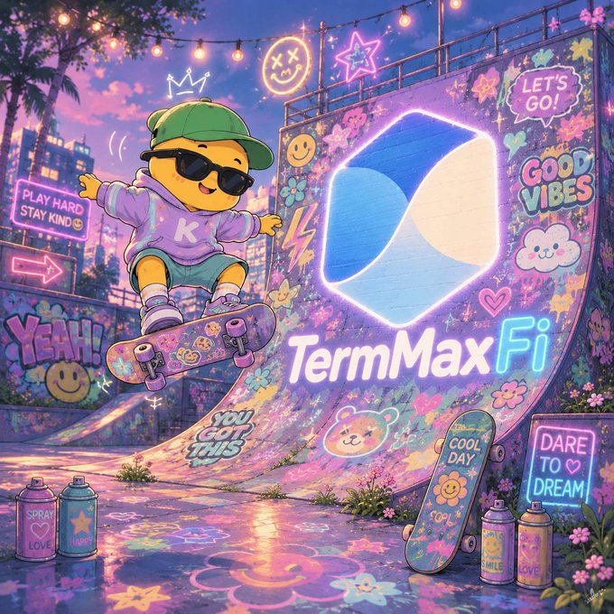 A cheerful cartoon character in a green cap and sunglasses rides a skateboard in a vibrant, graffiti-covered skatepark at sunset, featuring a prominent "TermMax Fi" logo alongside motivational neon signs like "GOOD VIBES," "DARE TO DREAM," and "PLAY HARD STAY KIND." The laid-back, stationary skatepark setting visually echoes the post's theme that TermMaxFi values long-term, still capital over manufactured activity.