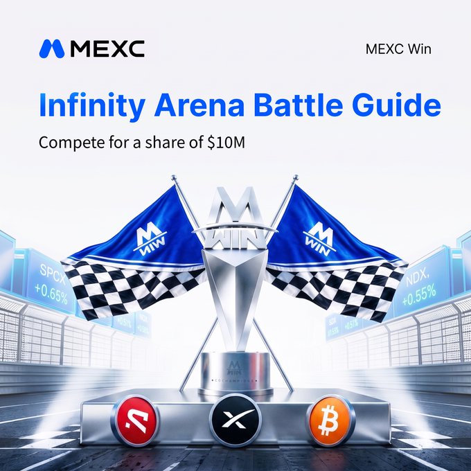 MEXC Win promotional graphic featuring the "Infinity Arena Battle Guide" with a silver trophy flanked by MEXC Win flags, displaying a "$10M" prize pool subtitle and showing cryptocurrency symbols (ADA, X, BTC) on the podium. The image visually reinforces the post's announcement of a $10M competition by showcasing the tournament's trophy and the multi-asset crypto rewards participants can compete for.