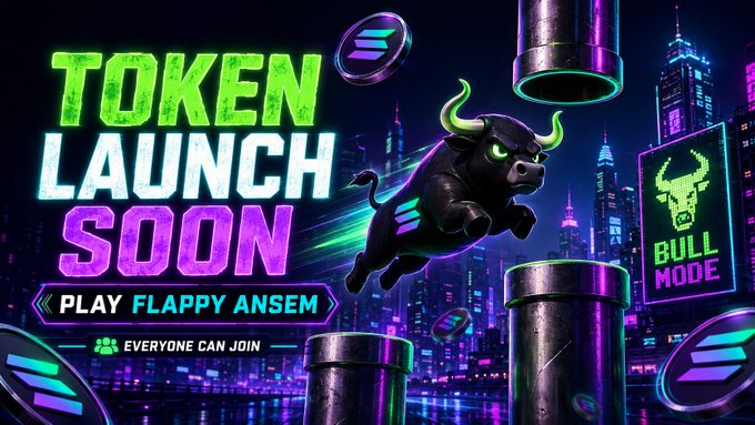 A vibrant neon-lit promotional graphic announces "TOKEN LAUNCH SOON" and "PLAY FLAPPY ANSEM," featuring a fierce black bull with glowing green eyes leaping between pipe obstacles against a cyberpunk cityscape, with a "BULL MODE" sign and Solana coins floating around—visually teasing the upcoming launch of the Flappy Ansem token game where players can join the bull run and collect Solana.