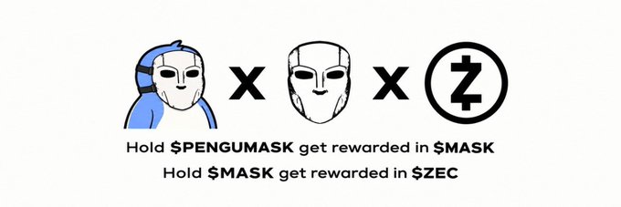 A promotional banner shows a penguin-themed Solana token icon multiplied by an Iron Man-style mask and a Zcash “Z” logo. It reads, “Hold $PENGUMASK get rewarded in $MASK” and “Hold $MASK get rewarded in $ZEC,” promoting the community-added $PENGUMASK banner on Moby.