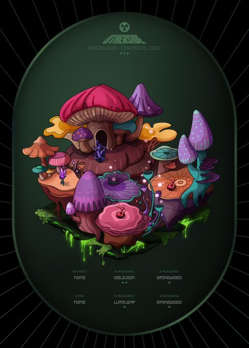 Digital illustration of a colorful mushroom diorama titled 'Mycelium: Chemical 500' with various stats labeled as 'none', 'oblivion', 'spikeweed', and 'lumilear' displayed below.