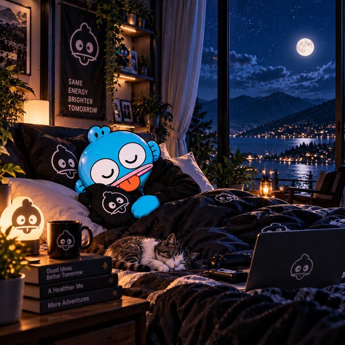 A cozy nighttime bedroom scene features a blue Gumball character plushie in bed, surrounded by merchandise with a face logo, a sleeping cat, and a view of the moon over a city.