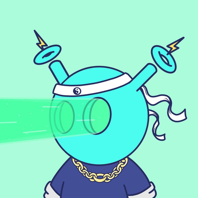 A cartoon illustration of a blue ninja-like character with a yin-yang headband, gold chain, and antennas shooting green laser beams from its eyes.