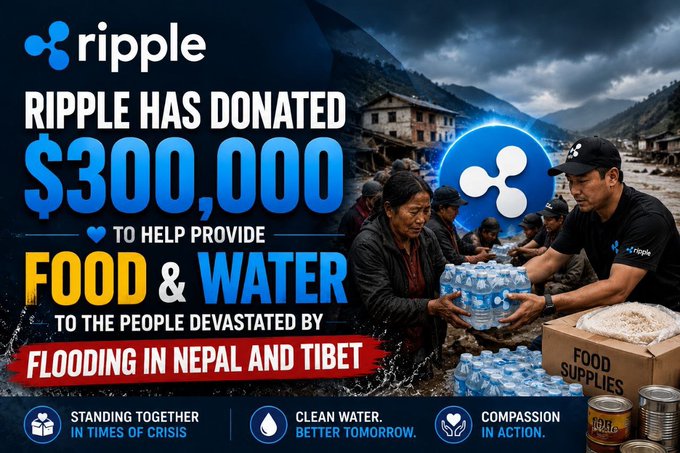 The image is a Ripple-branded infographic announcing the company's $300,000 donation to provide food and water to flood victims in Nepal and Tibet. It shows Ripple representatives distributing bottled water and a box of food supplies to distressed locals, with text emphasizing themes of "standing together in times of crisis" and "compassion in action."