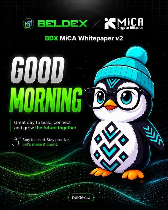A promotional poster for 'BELDEX x MiCA Crypto Alliance' titled 'BDX MiCA Whitepaper v2' featuring a 'GOOD MORNING' message with a cartoon penguin mascot wearing glasses and a winter hat.