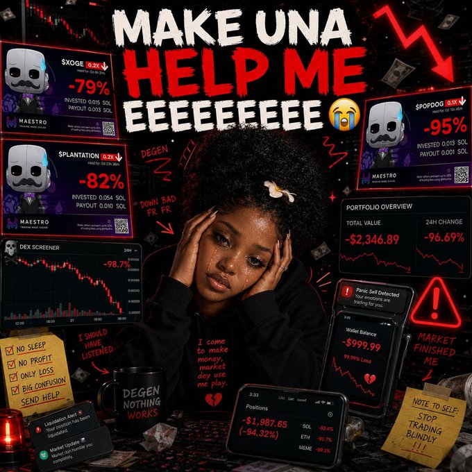 A meme-style graphic titled "MAKE UNA HELP ME EEEEEEEEE" featuring a distressed woman surrounded by crypto trading losses, including memes labeled $XOGE (-79%), SPLANTATION (-82%), $OPODOG (-95%), and a Portfolio Overview showing -$2,346.89 with a -96.69% change.