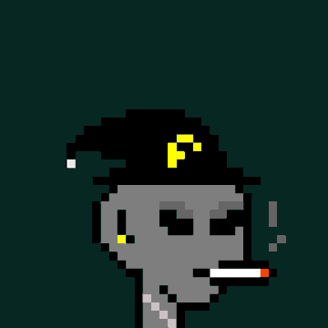 Pixel art of a gray-skinned character wearing a black cap with a yellow logo and smoking a cigarette.