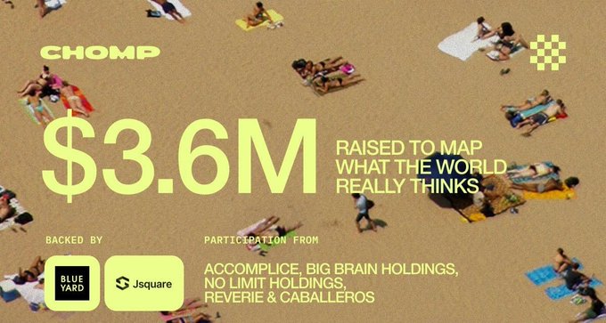 The image is a promotional graphic for Chomp with a sandy beach background showing people lounging on towels, featuring large yellow text announcing "$3.6M RAISED TO MAP WHAT THE WORLD REALLY THINKS," along with backing from Blue Yard and Jsquare, and participation from Accomplice, Big Brain Holdings, No Limit Holdings, Reverie & Caballeros—visually reinforcing the company's $3.6M funding milestone highlighted in the post.