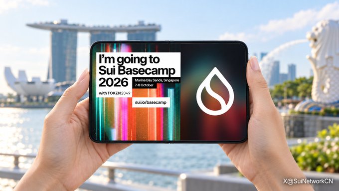 Hands holding a tablet displaying 'I'm going to Sui Basecamp 2026' event announcement with Marina Bay Sands, Singapore venue and Sui logo.