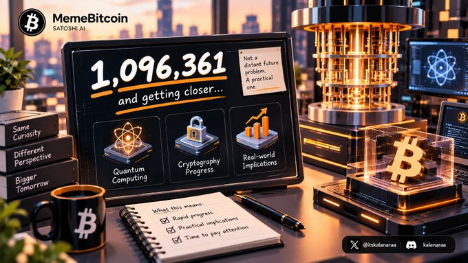 A promotional graphic for 'MemeBitcoin' featuring the Satoshi AI logo, displaying '1,096,361 and getting closer...' alongside icons for Quantum Computing, Cryptography Progress, and Real-World Implications, with a Bitcoin hologram and quantum computer illustration.