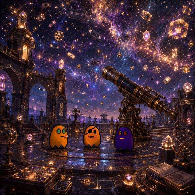 Three pixelated Pac-Man-style ghosts (yellow, orange, and blue) stand in a fantastical cosmic scene featuring a large telescope, ancient architecture, and floating crystals against a starry galaxy background.