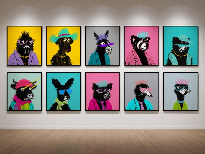 The image features a collection of animal portraits displayed on a wall. There are ten animal portraits arranged in two rows, with five animal portraits in each row. The animals depicted include a monkey wearing sunglasses, a bird, an elephant, a dog, and a cat. Each portrait is unique and creative, showcasing the artist's talent and imagination.