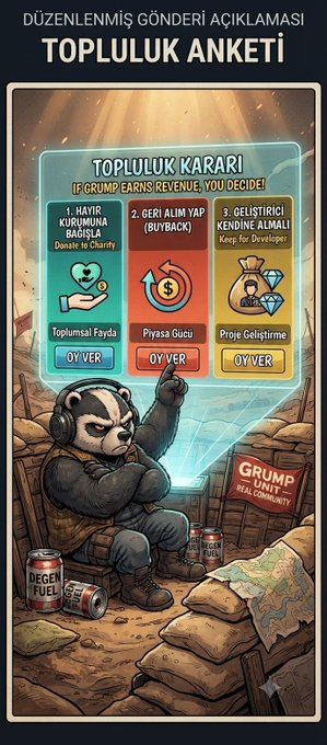 A community survey graphic in Turkish for Grump Real Community asking for a vote between "Hayır Kurumuna Bağışla", "Geri Alım Yap (Buyback)", and "Geliştirici Kendine Almalı" options.