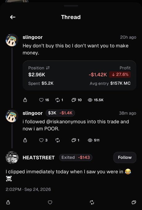A social media thread screenshot shows user 'slingoor' warning against buying, displaying a trading position with -$1.42K loss (-27.6%), followed by a reply about losing money following '@riskanonymous'.