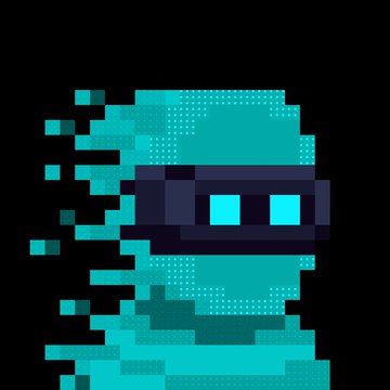 A pixel art cyan character wearing a dark mask appears to dissolve into digital particles against a black background.