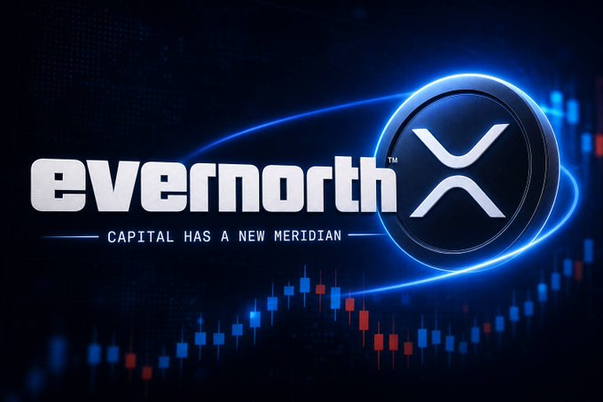 A sleek promotional graphic for "evernorth" featuring the XRP logo encircled by glowing blue rings, with the tagline "CAPITAL HAS A NEW MERIDIAN" set against a background of red and blue trading candles. The image visually reinforces the post's message by pairing XRP's branding with financial market imagery, suggesting that XRP Ledger's native protocol-level lending offers a safer, more capital-friendly alternative to risky DeFi smart contracts.