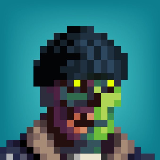 A pixel art portrait of a zombie-like character with glowing yellow eyes, green decaying skin, and dark hair against a teal background.