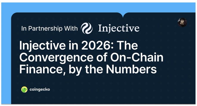 A promotional banner titled 'Injective in 2026: The Convergence of On-Chain Finance, by the Numbers' in partnership with Injective, published by CoinGecko.