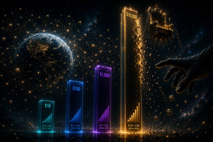 A dramatic cosmic graphic showing four ascending crystalline pillars labeled $10, $100, $1,000, and $10,000, with a cracked $10,000 tower and a dark hand reaching toward it.