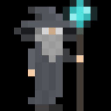 A pixel art wizard character in a gray robe and pointed hat, holding a glowing blue staff. The image represents one of the character classes (Wizard) from the "Delves Unknown" game, which is being announced for launch on the Ethereum Mainnet.
