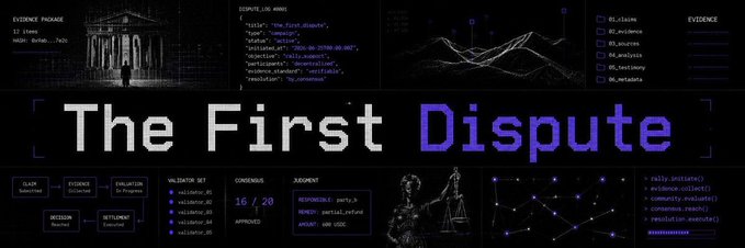 A dark-themed digital graphic titled "The First Dispute" displaying a classical building illustration, legal terminology like "PLAINTIFF," "DEFENDANT," "EVIDENCE PACKAGE," and code-like elements alongside scales of justice imagery.