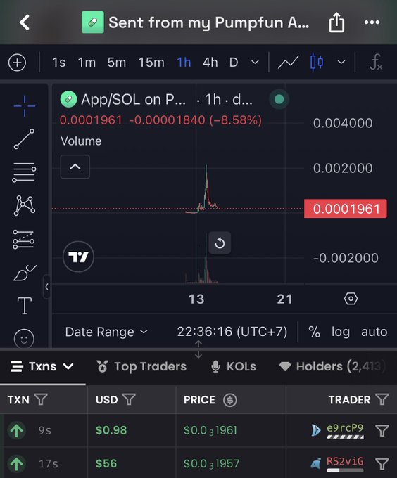 A mobile screenshot from the Pumpfun app showing the "App/SOL" token chart with a current price of 0.0001961, down 8.58% (-0.00001840), featuring recent transactions including a $0.98 buy from "e9rcP9" and a $56 buy from "RS2viG"—visually supporting the joke about the token being "dumped" rather than actively traded.