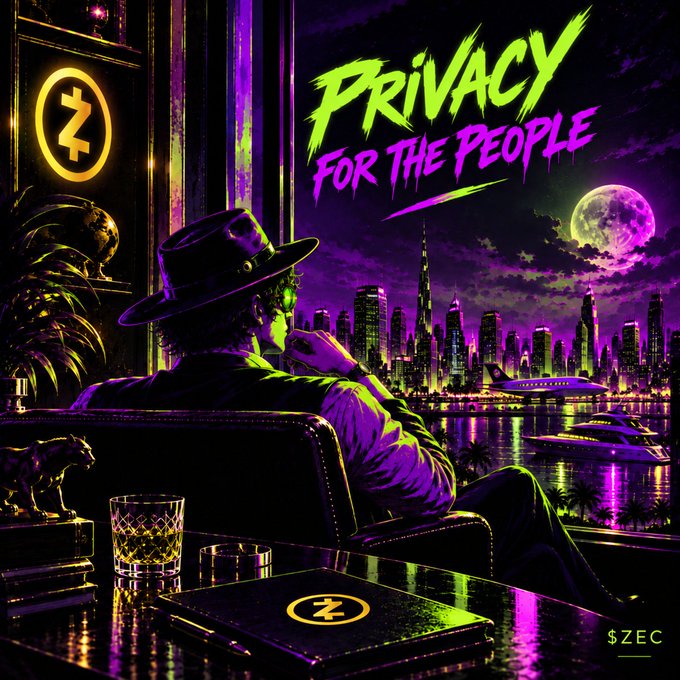 A stylized neon-lit graphic features a man in a hat sitting at a table with a Zcash (ZEC) logo, overlooking a city skyline with the text 'PRIVACY FOR THE PEOPLE'.