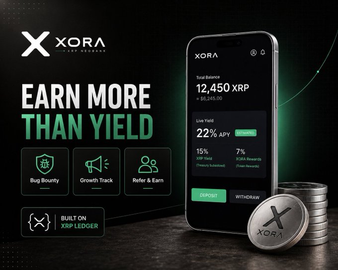 An advertisement for XORA (XRP NEOBANK) displays the slogan 'EARN MORE THAN YIELD' alongside a smartphone interface showing a balance of 12,450 XRP, a 22% APY live yield, and physical XORA coins.