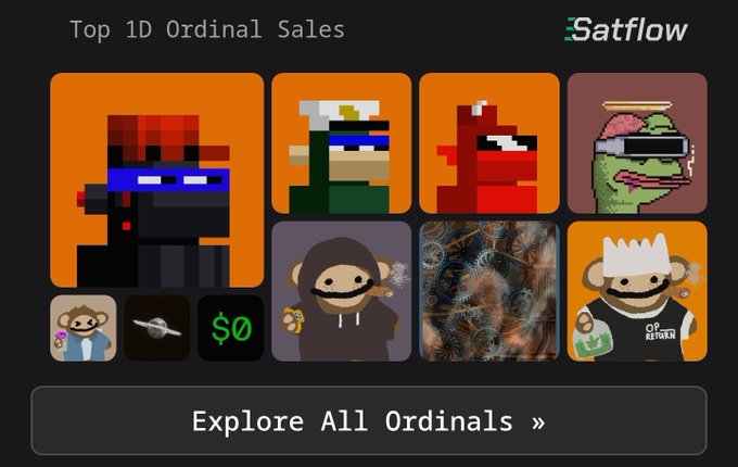 Satflow website interface showing 'Top 1D Ordinal Sales' with pixel-art NFT thumbnails and an 'Explore All Ordinals »' button.