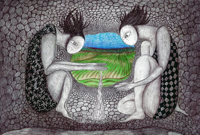 The image features a black and white illustration of two people sitting inside a cave, with one person holding a fire while the other person looks at them. The scene appears to be set outdoors or in an open area, as there are no visible outdoor elements such as trees or grass present. The post is titled "Good morning and Edition Sold Thank you so much for your support and collecting my art dear @The5thForce0_0 #tezosnft #nft".