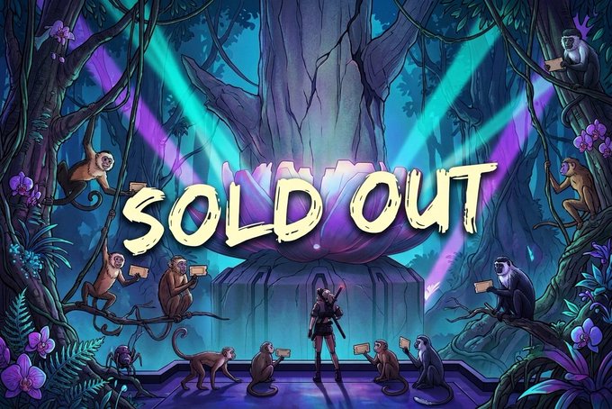 A character stands before a glowing tree in a mystical jungle as monkeys hold "SOLD OUT" signs, with the bold text "SOLD OUT" prominently displayed across the scene. The image visually celebrates the sold-out NFT mint of "Society," aligning with the post announcing the new chapter's launch and the live secondary market on OpenSea.