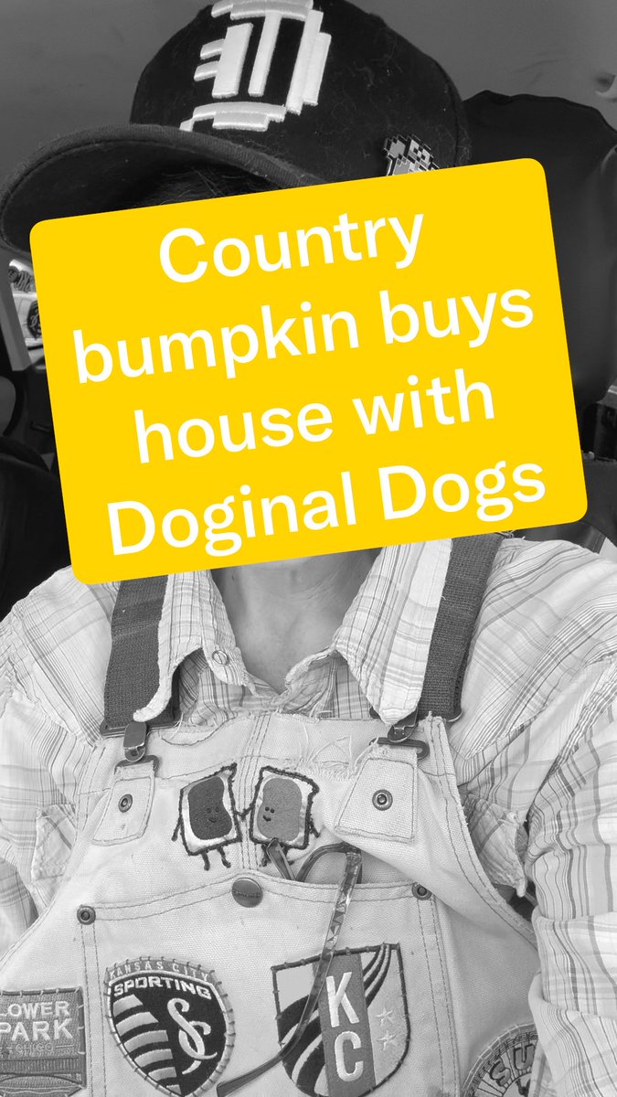A black-and-white image shows a child in a Sporting KC cap and overalls, with a yellow text overlay reading 'Country bumpkin buys house with Doginal Dogs'.