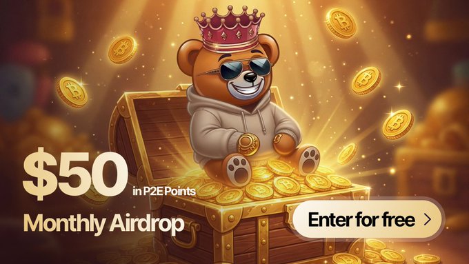 The image is a vibrant promotional banner featuring a cartoon bear wearing a crown and sunglasses, sitting on a treasure chest overflowing with gold Bitcoin-style coins. Bold text reads "$50 in P2E Points Monthly Airdrop" alongside an "Enter for free" button, visually reinforcing the post's offer of a $50 monthly airdrop giveaway with only 10 winners payable in Solana or gift cards.