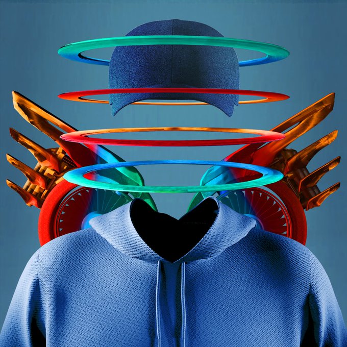 Surreal 3D render of a hooded figure in a blue sweatshirt with a heart-shaped void for a face, surrounded by colorful glowing rings and mechanical wings.
