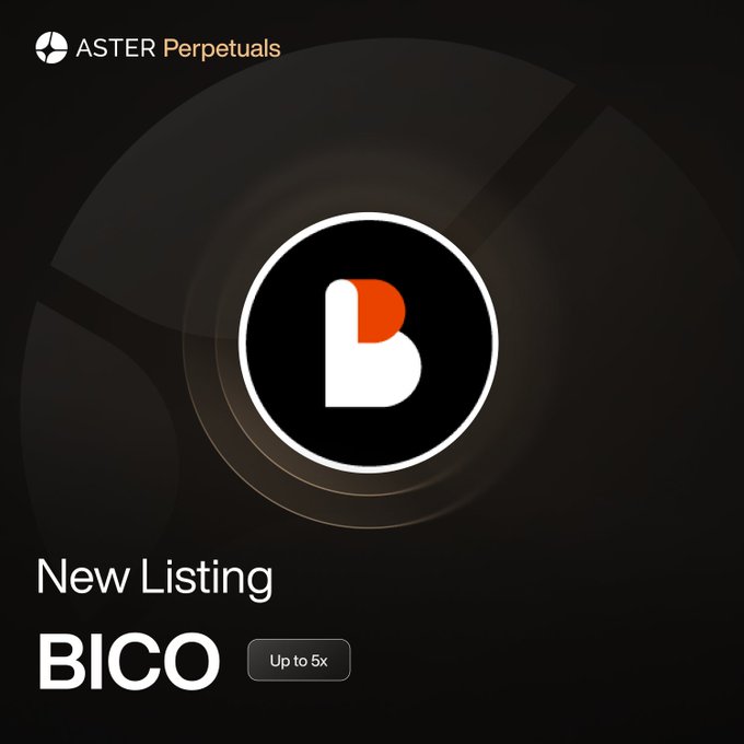 The image is a promotional graphic from Aster Perpetuals announcing a new listing of BICO with up to 5x leverage, featuring a stylized orange and white "b" logo on a dark background. It aligns with the post's announcement of a new perpetual futures listing for BICO (Biconomy) on the Aster platform.