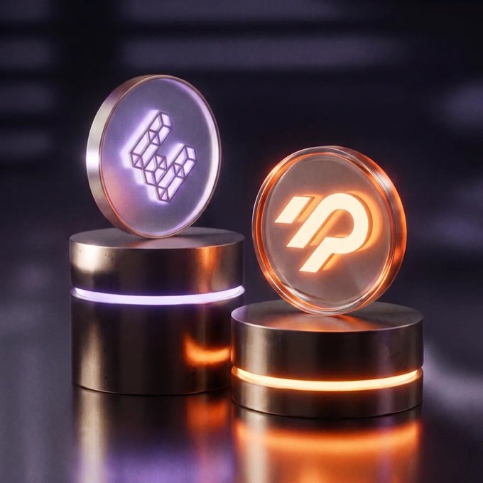 A 3D render of two glowing cryptocurrency coins displayed on metallic pedestals; the purple coin features a geometric 'L' logo, and the orange coin features the 'PYTH' network logo.