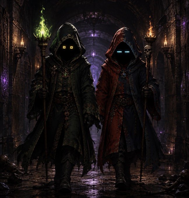 Two hooded, faceless figures with glowing yellow and blue eyes stand in a dark dungeon corridor, holding staffs topped with green and orange flames.