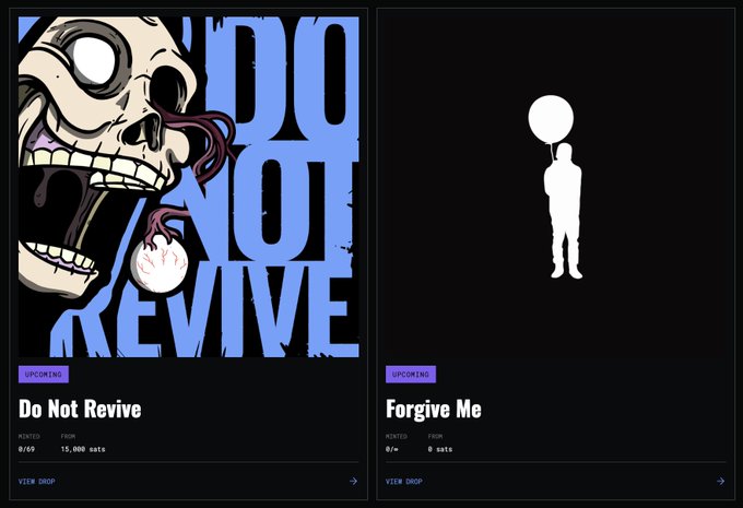 Promotional NFT drops "Do Not Revive" and "Forgive Me" presented on a dark interface, with the left featuring a skull illustration and the right showing a minimal figure, advertising upcoming mints with limited editions and 24-hour public windows.