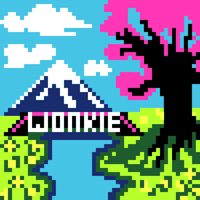 A pixel art landscape showing a blue and pink mountain, green trees, and a river under a blue sky with white clouds.