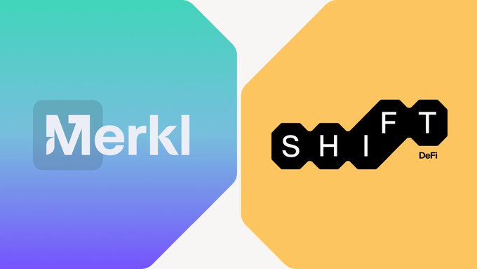 A side-by-side logo comparison between 'Merkl' on a blue gradient background and 'SHIFT DeFi' on a yellow background.