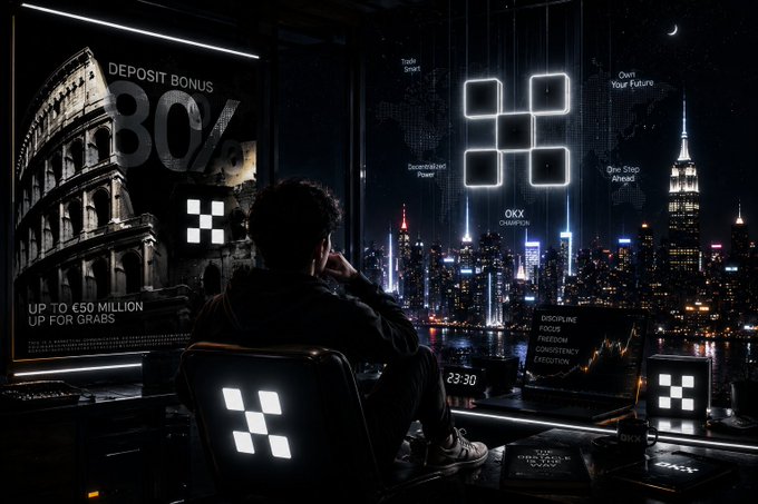 A cinematic dark scene of a man sitting in a chair overlooking a nighttime city skyline (resembling New York), with an '80% DEPOSIT BONUS' advertisement featuring the Colosseum on the left and glowing geometric window/grid symbols throughout the composition.