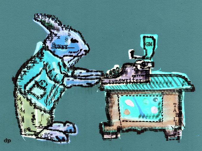 A whimsical illustration depicts a rabbit-like figure with 'BUNNY' on its head typing on a typewriter at a table labeled '+typewriter' and 'TABLE', against a teal background, signed 'dp'.